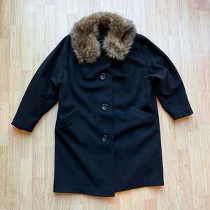 Vintage 60s Kennie Black Wool Car Coat Real Fur Collar Mid Century S/M